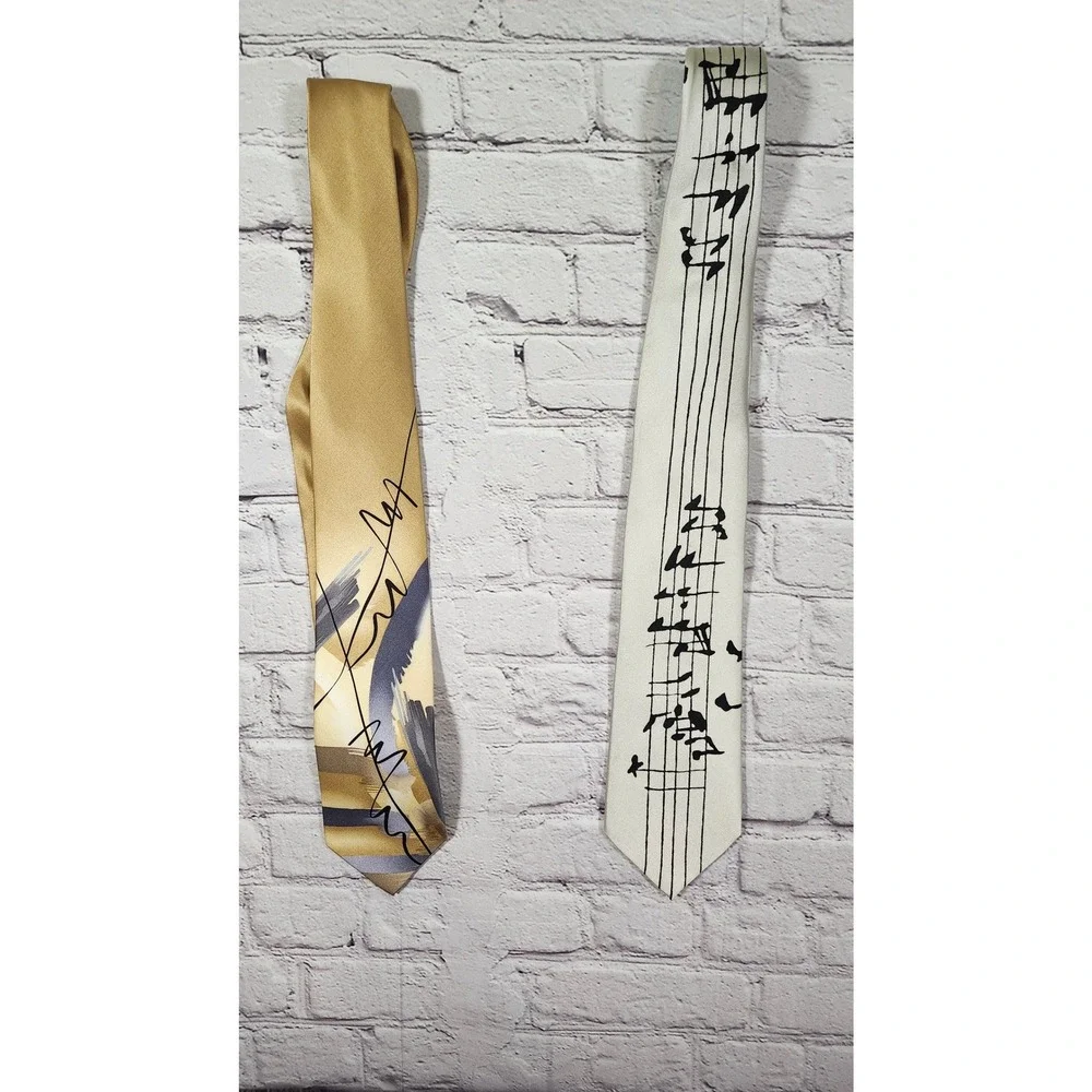 VTG J Garcia Silk Tie 2pc Mens Gold Abstract Collection 50 Music Manuscript
